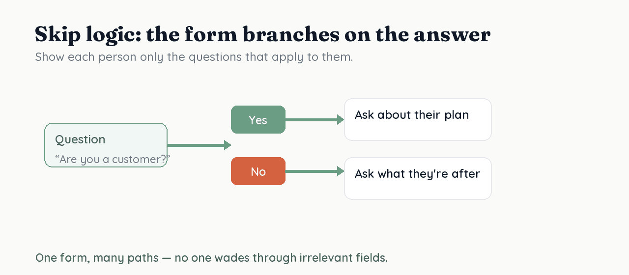 A form branching on an answer into a Yes path and a No path with different follow-up questions