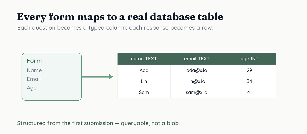 A form mapping to a database table with one typed column per question and one row per response