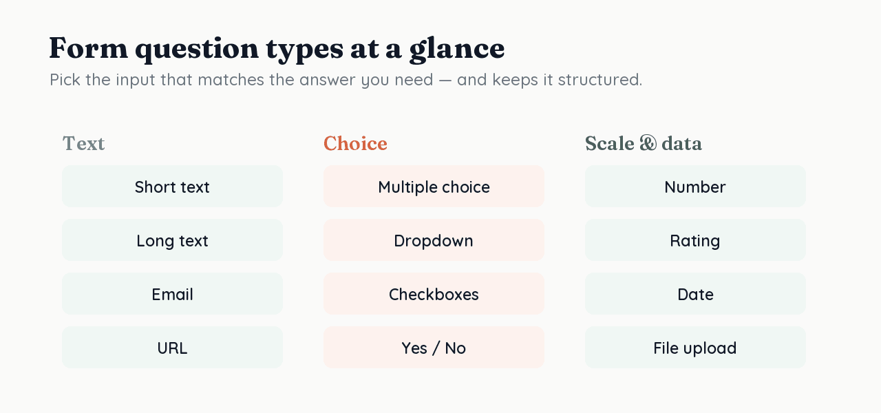 Common form question types grouped into text, choice, and scale-and-data inputs